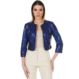 Giacca corta bolero in pelle laminata blu girocollo