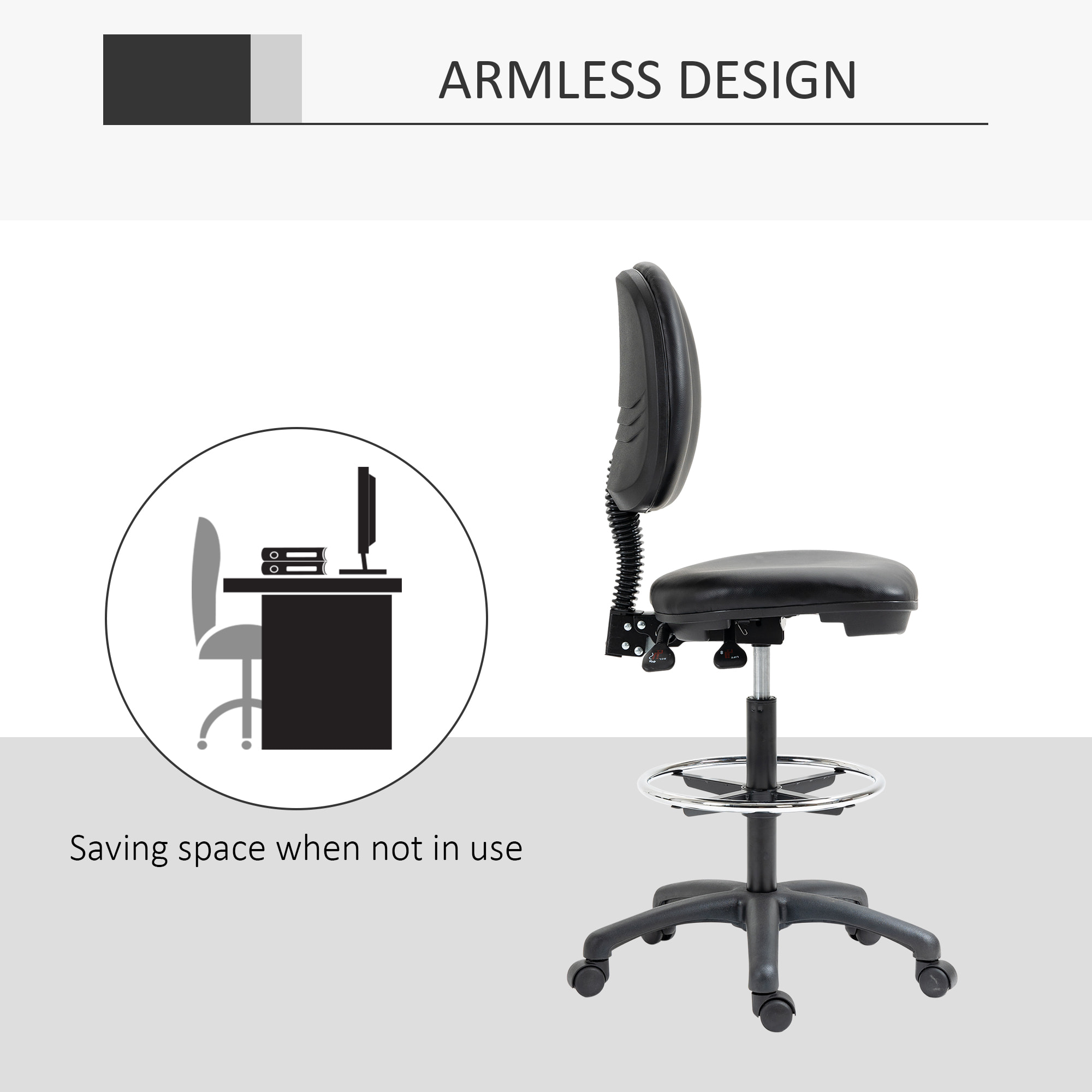 Tabouret à roulettes réglable en hauteur 69-91 cm avec dossier inclinable et repose-pieds réglable