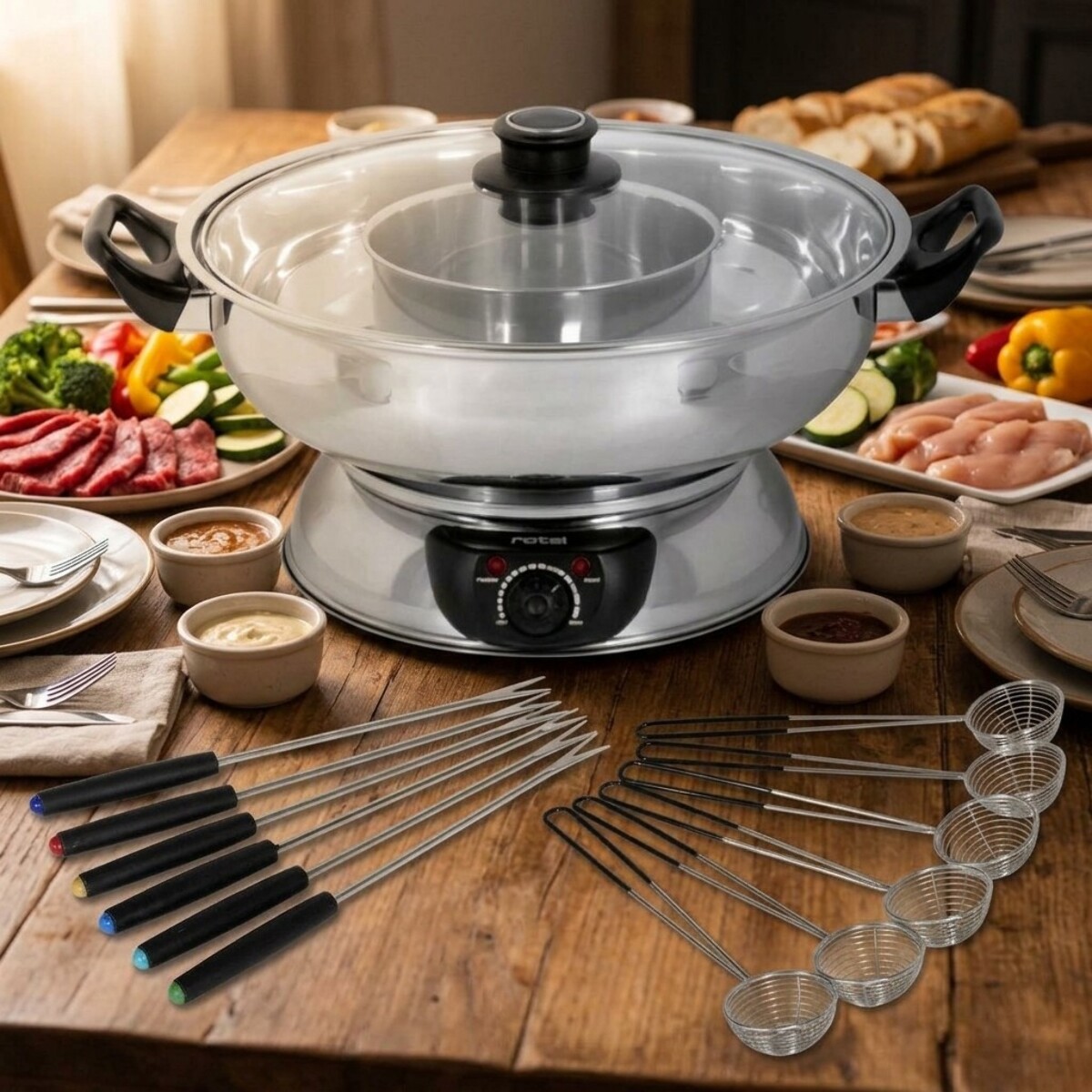 Appareil à fondue chinoise 2 compartiments avec fourchettes et passoires Rotel