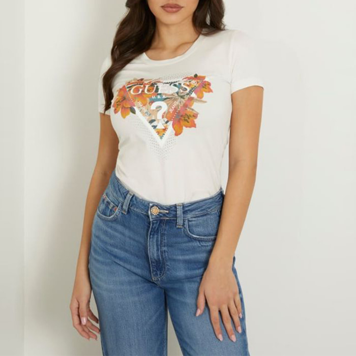 T-shirt - logo - orné de strass - coton - crème