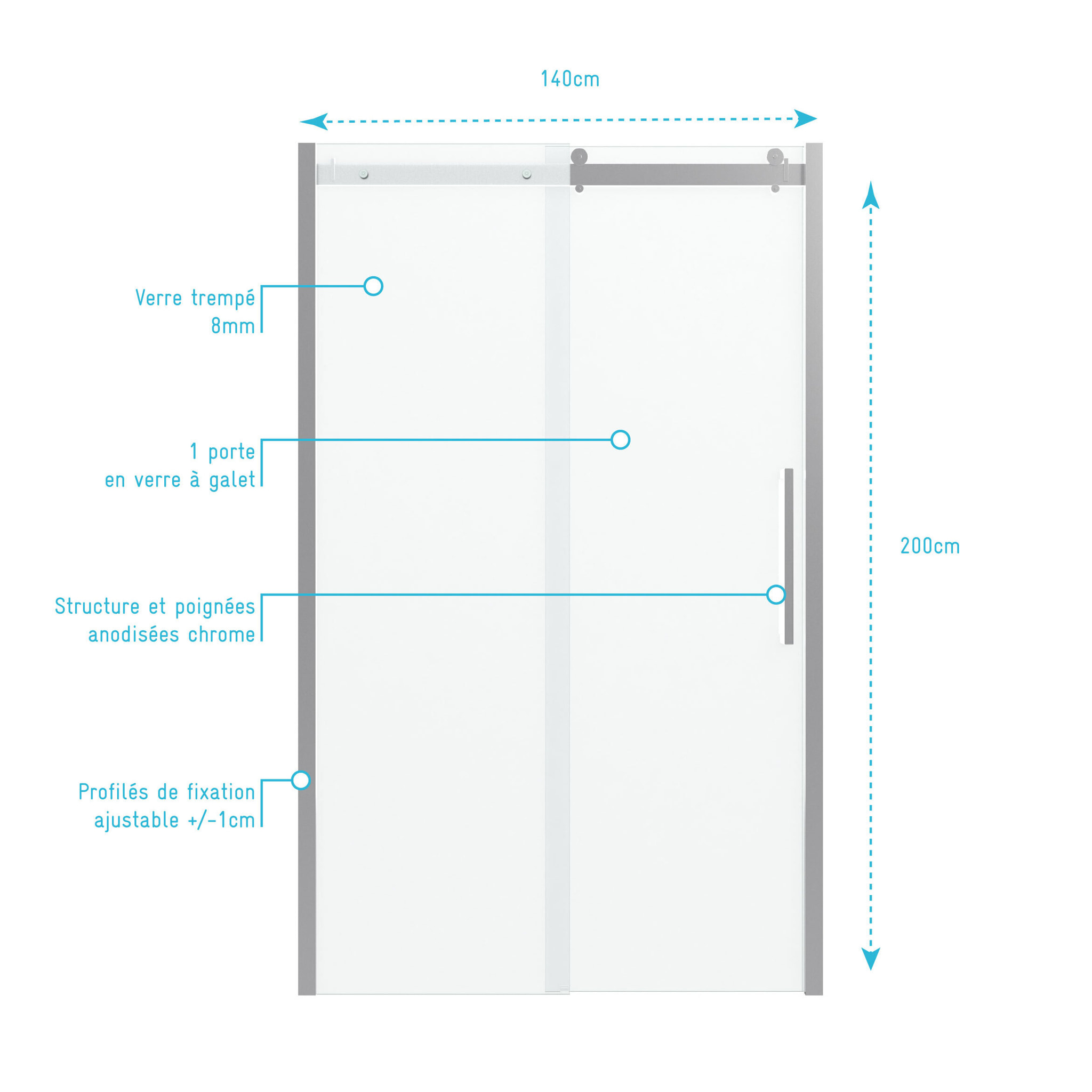 Porte de douche 140x200 cm + 1 porte coulissante verre trempé 8mm - sens d'ouverture réversible