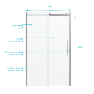 Porte de douche 140x200 cm + 1 porte coulissante verre trempé 8mm - sens d'ouverture réversible