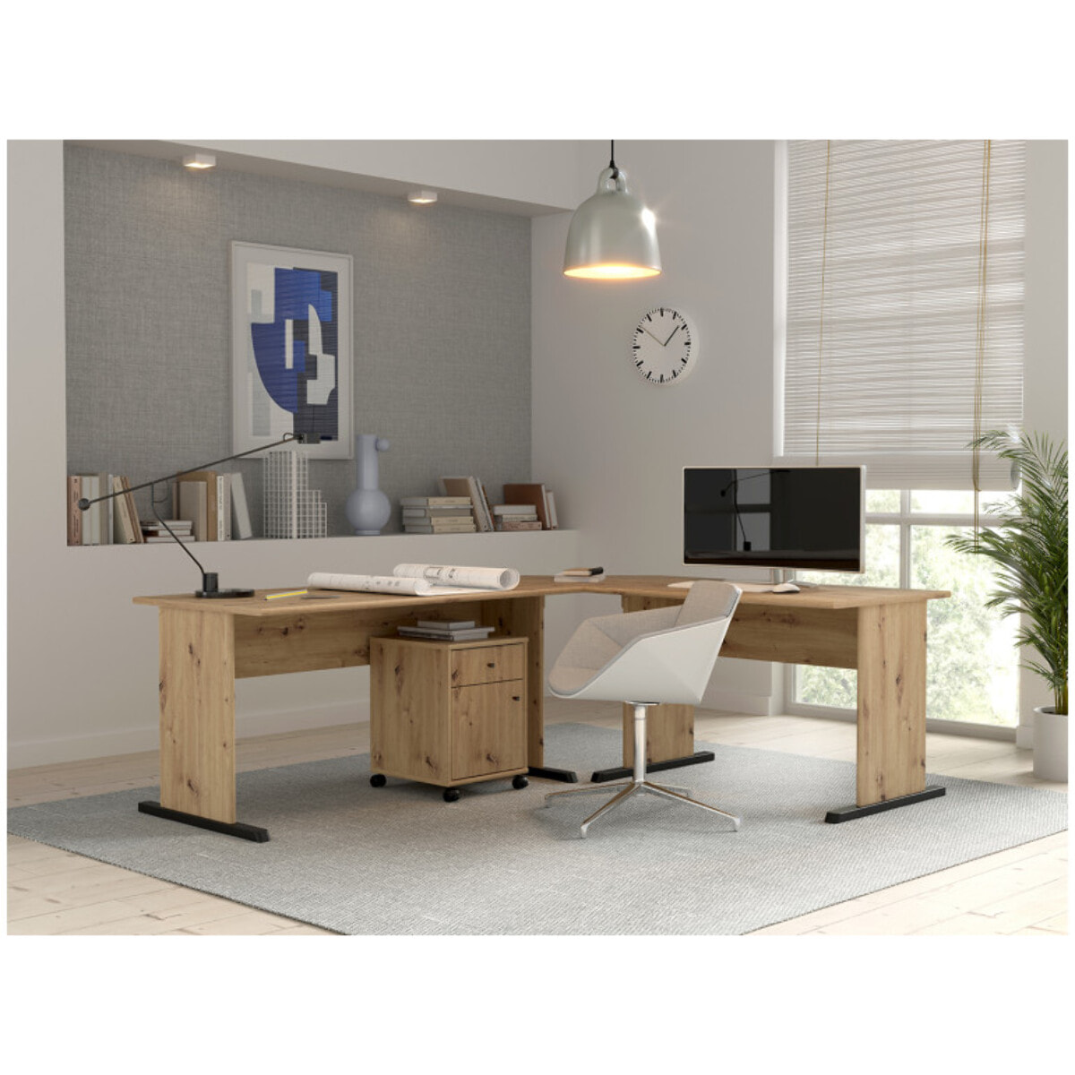 Plateau angle 90° pour liaison bureaux décor chêne artisan - MIA