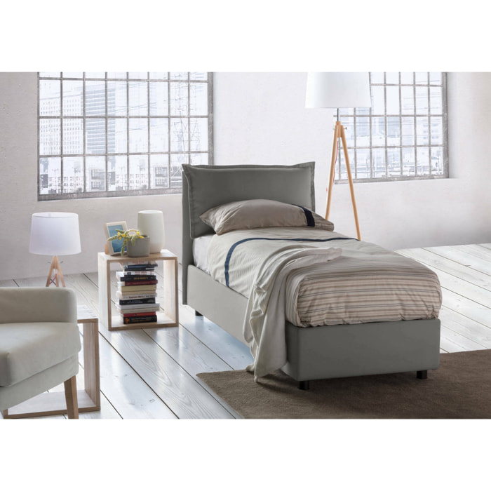 Letto singolo Penelope, Letto contenitore con rivestimento in tessuto, 100% Made in Italy, Apertura frontale, con materasso Cm 90x190 incluso, Grigio