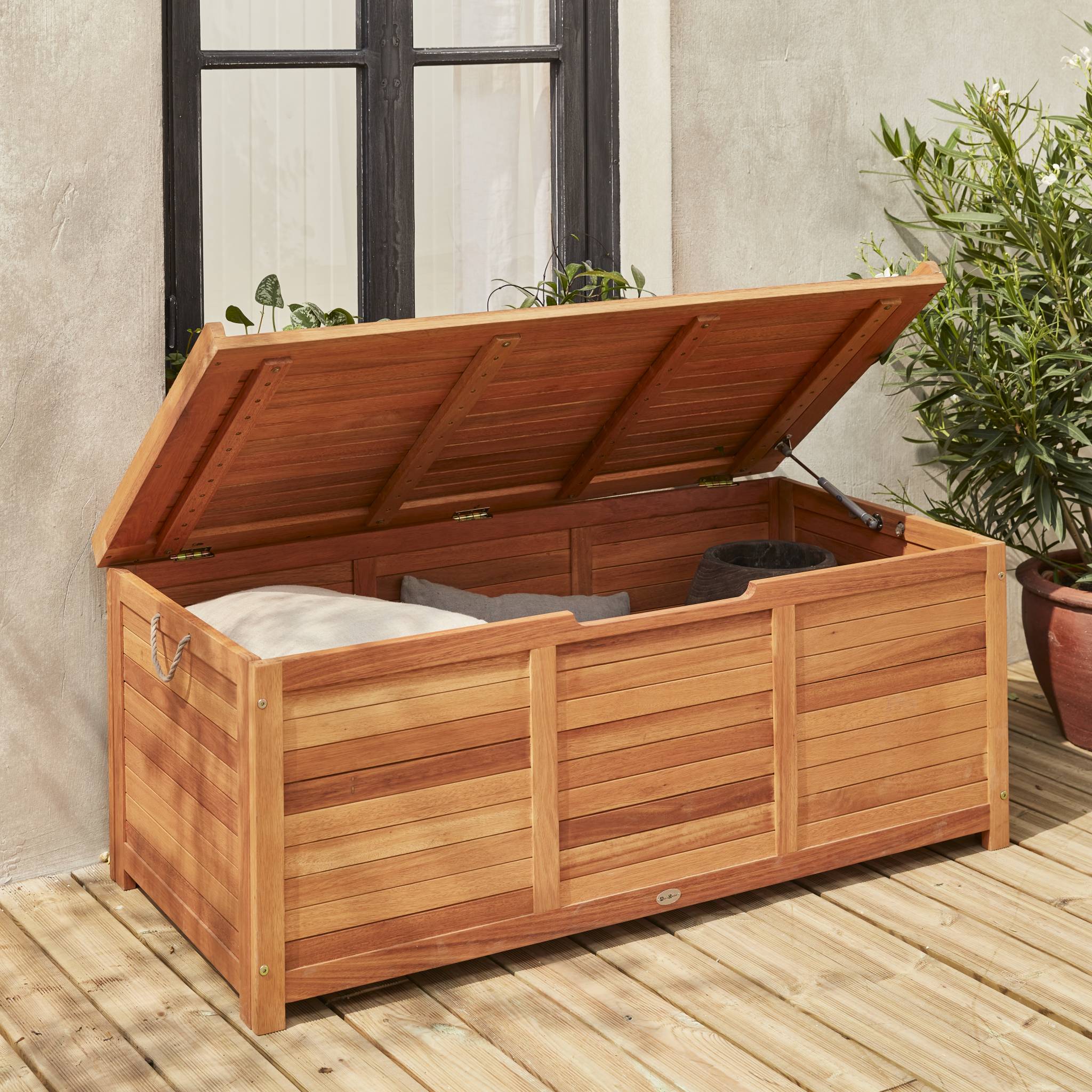 Coffre de jardin en bois 200L - Caja gris- 125x60cm rangement coussins avec 2 vérins et poignées