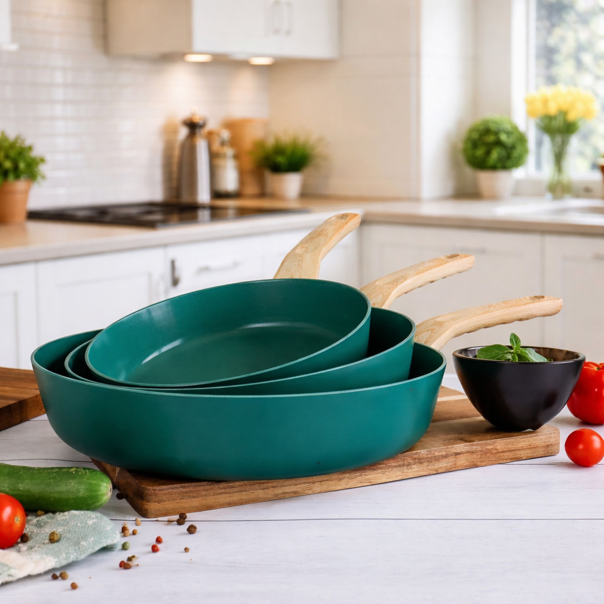 Lot de 3 poêles en aluminium recyclé bleu canard - tous feux COLORAMA