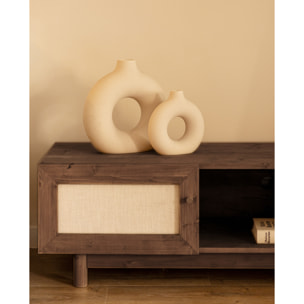 Meuble TV en bois massif et toile de lin avec 2 portes ton noyer 150x40cm Hauteur: 40 Longueur: 150 Largeur: 42