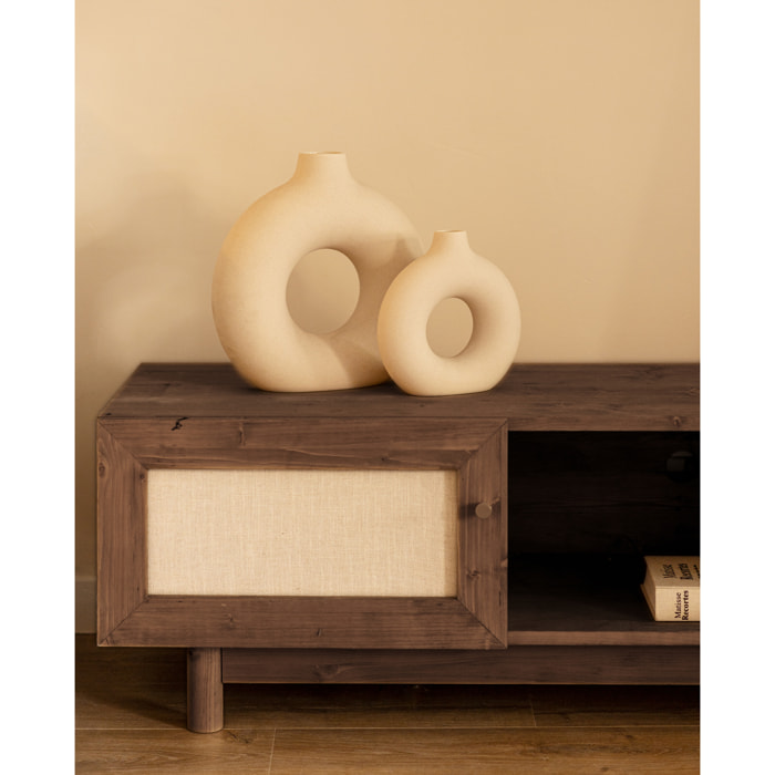Meuble TV en bois massif et toile de lin avec 2 portes ton noyer 150x40cm Hauteur: 40 Longueur: 150 Largeur: 42