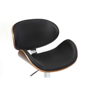 Tabouret de bar design réglable noir, bois foncé et métal chromé WALNUT