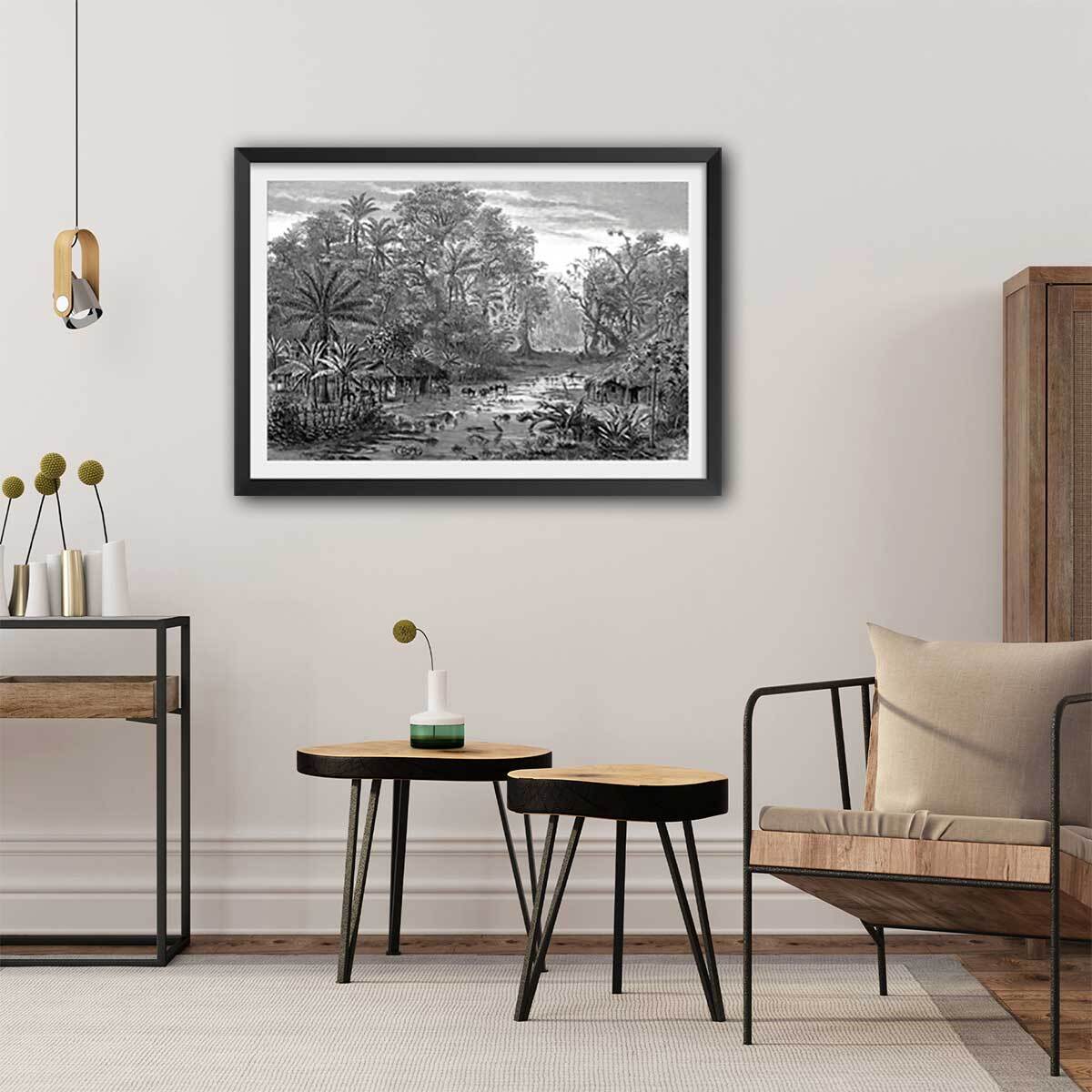 Affiche gravure forêt de mangroves Affiche + cadre en bois - Noir