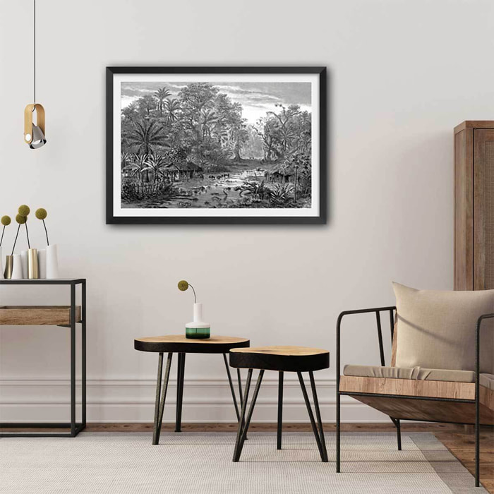 Affiche gravure forêt de mangroves Affiche + cadre en bois - Noir