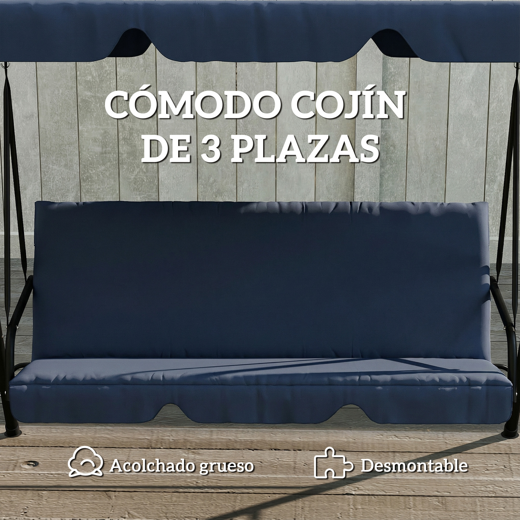 Columpio de Jardín Exterior de 3 Plazas, Balancín de Jardín Exterior con Techo Ajustable, Cojín y Marco de Acero, para Balcón, Terraza, Patio, Carga 240 kg, 172x118x153 cm, Azul Marino