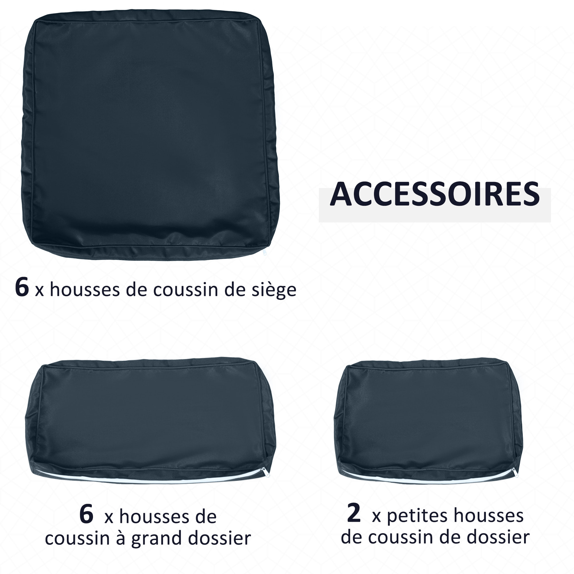 Lot de 14 housses de rechange coussins salon de jardin - 6 housses coussin d'assise, 8 housses coussin dossier - housses zippées polyester déperlant bleu