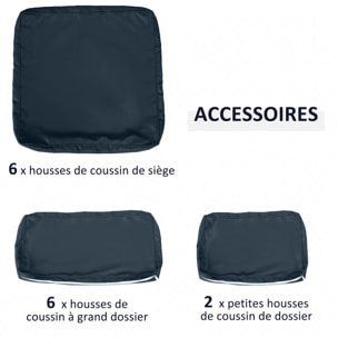 Lot de 14 housses de rechange coussins salon de jardin - 6 housses coussin d'assise, 8 housses coussin dossier - housses zippées polyester déperlant bleu