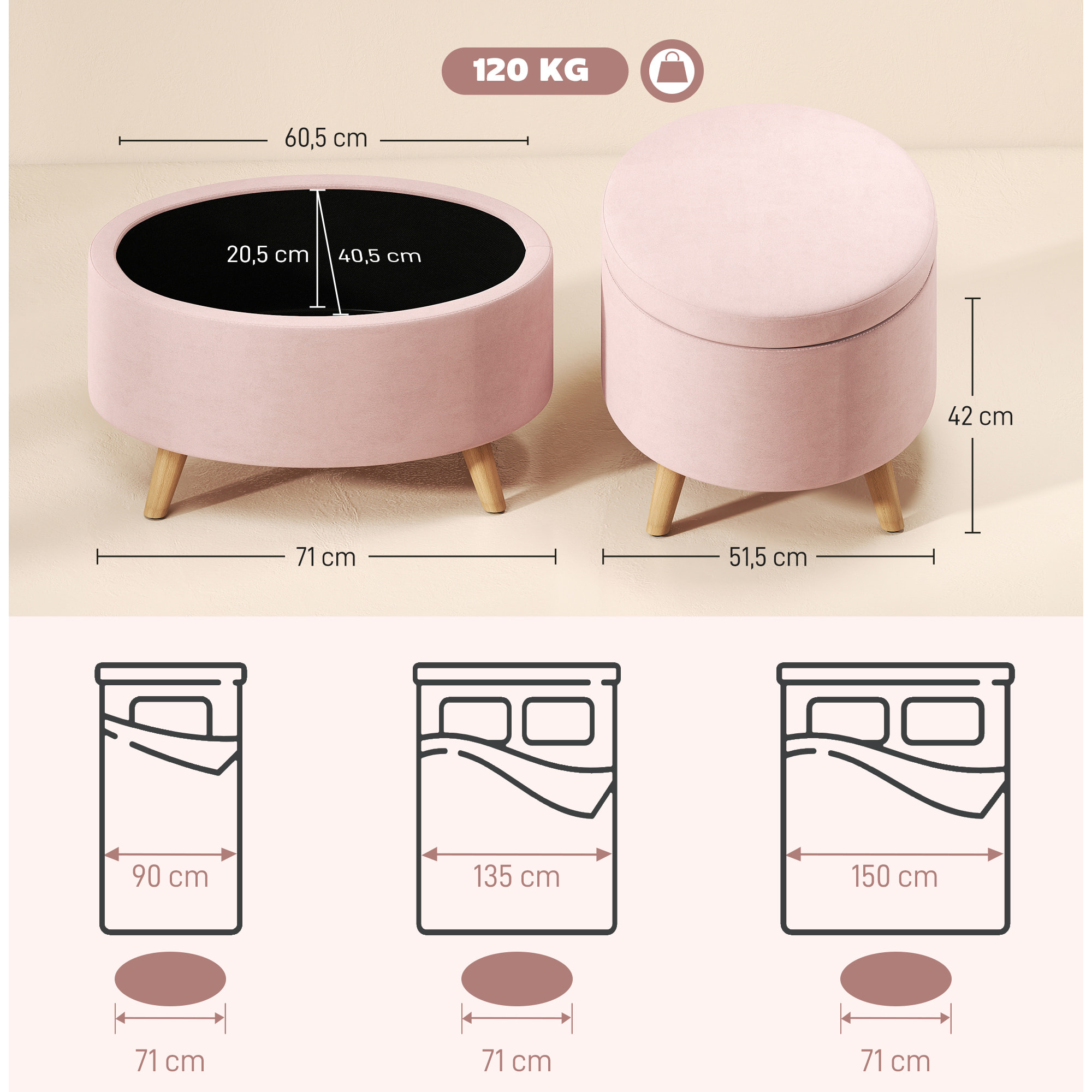 Puff Almacenaje Ovalado, Banco Almacenaje, 71x51,5x42 cm, Tapizado en Terciopelo, con Patas de Madera Maciza, Carga 120 kg, para Sala de Estar, Dormitorio, Entrada, Rosa Claro