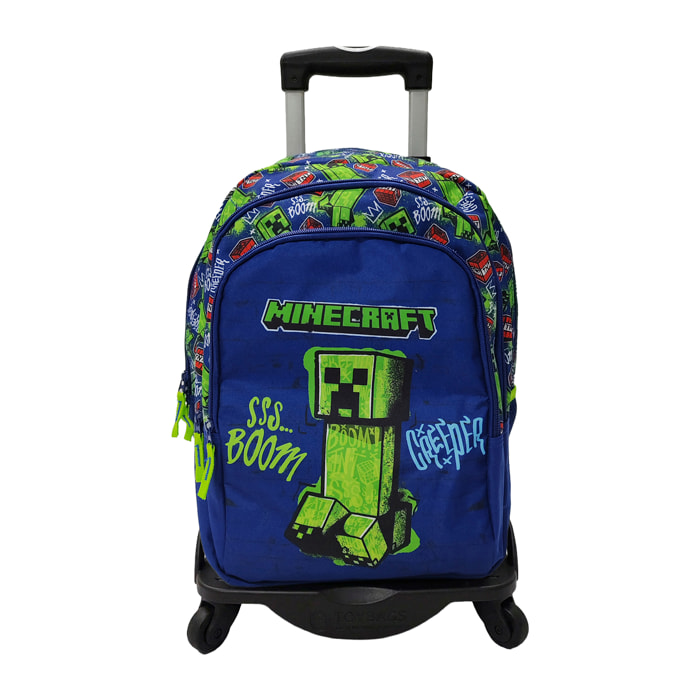 Zaino Primario Minecraft Boom Creeper doppio compartimento + carrello con protezione laterale e stoper frontale, 4 ruote multidirezionali.
