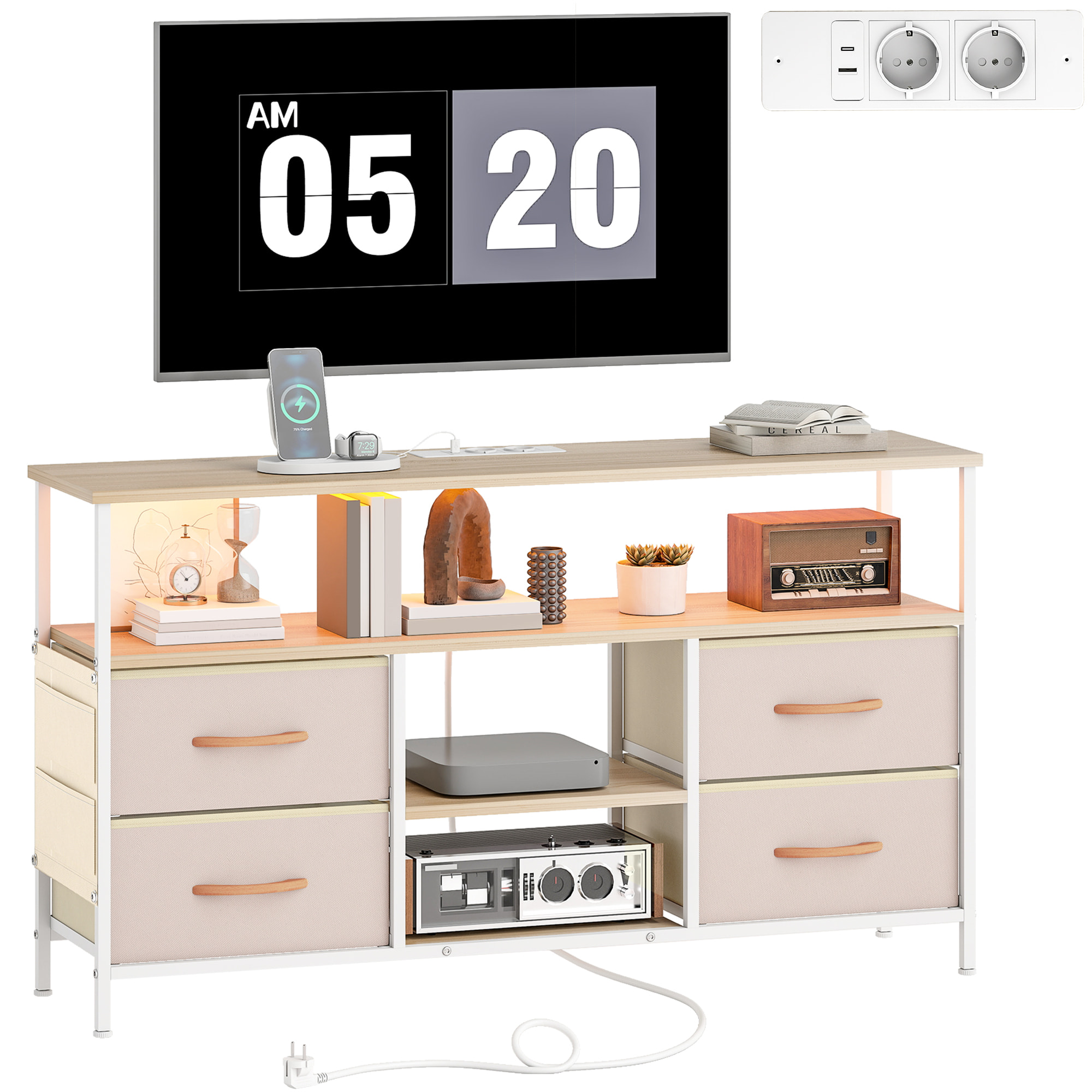 Mueble de TV con Luz LED, Mueble de TV para Salón con Enchufes, Puertos USB, Estantes Abiertos, 4 Cajones de Tela Plegables y Bolsillo, para Televisión hasta 50 Pulgadas, Beige y Natural