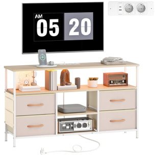 Mueble de TV con Luz LED, Mueble de TV para Salón con Enchufes, Puertos USB, Estantes Abiertos, 4 Cajones de Tela Plegables y Bolsillo, para Televisión hasta 50 Pulgadas, Beige y Natural