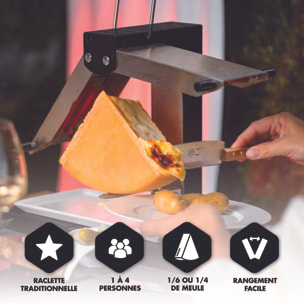 Appareil à raclette traditionnel Brézière® PREMIUM - Noir Poignées bois - Couteau inclus - 1/4 ou 1/6 meule - 230V 1000W