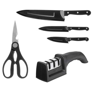 Set de cocina negro con 3 cuchillos, unas tijeras y un afilador.