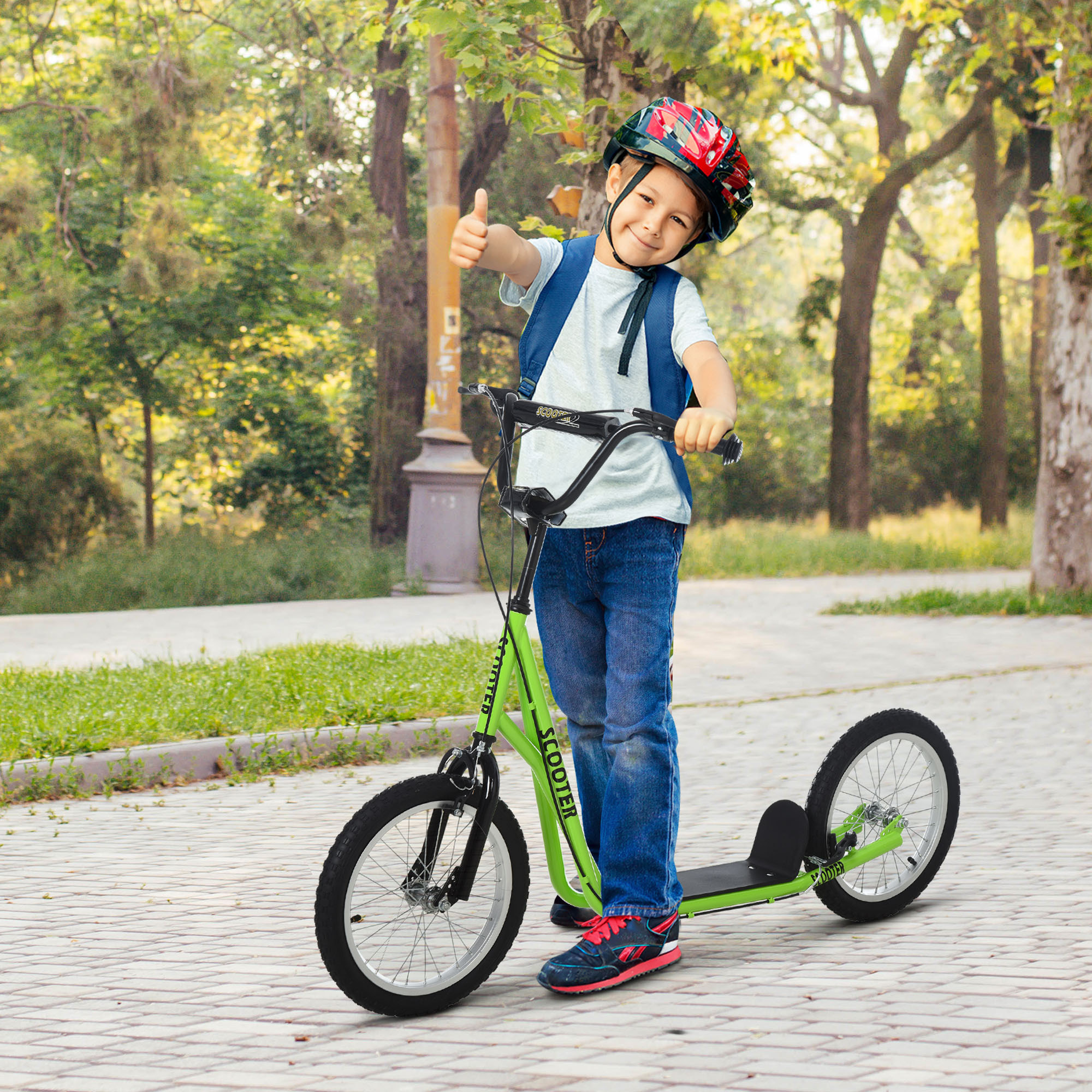 Patinete para Niños +5 Años, Patinete Infantil de 2 Ruedas, con Manillar Ajustable en Altura, 2 Neumáticos de Caucho Inflable, Doble Freno, Carga 100 kg, 139x58x90-96 cm, Verde Flourescente