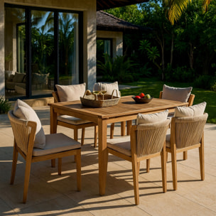 Ensemble de jardin table et 6 chaises en bois avec coussin FIDJI