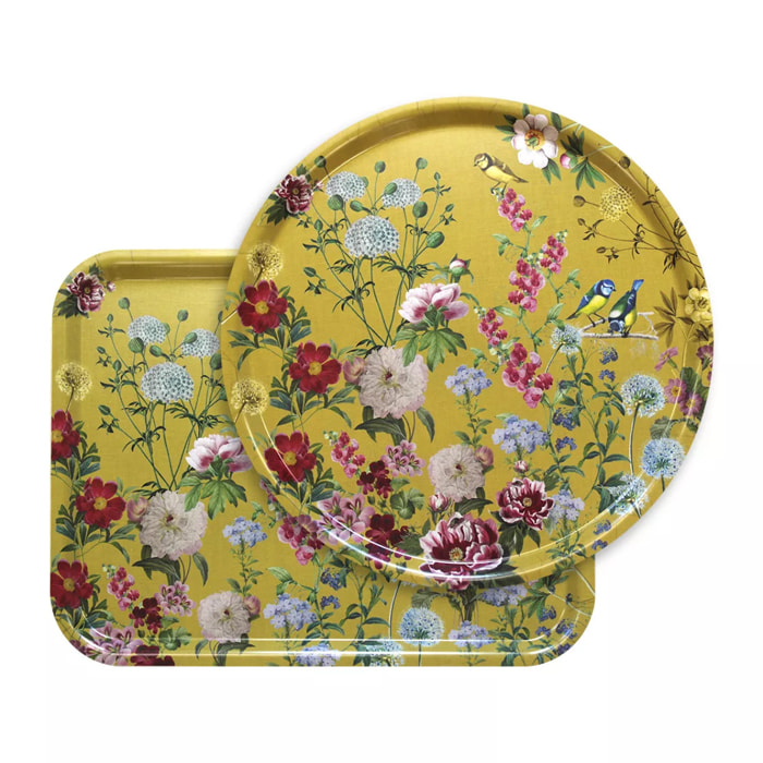 Plateau bois imprimé jaune rouge Mesanges curry