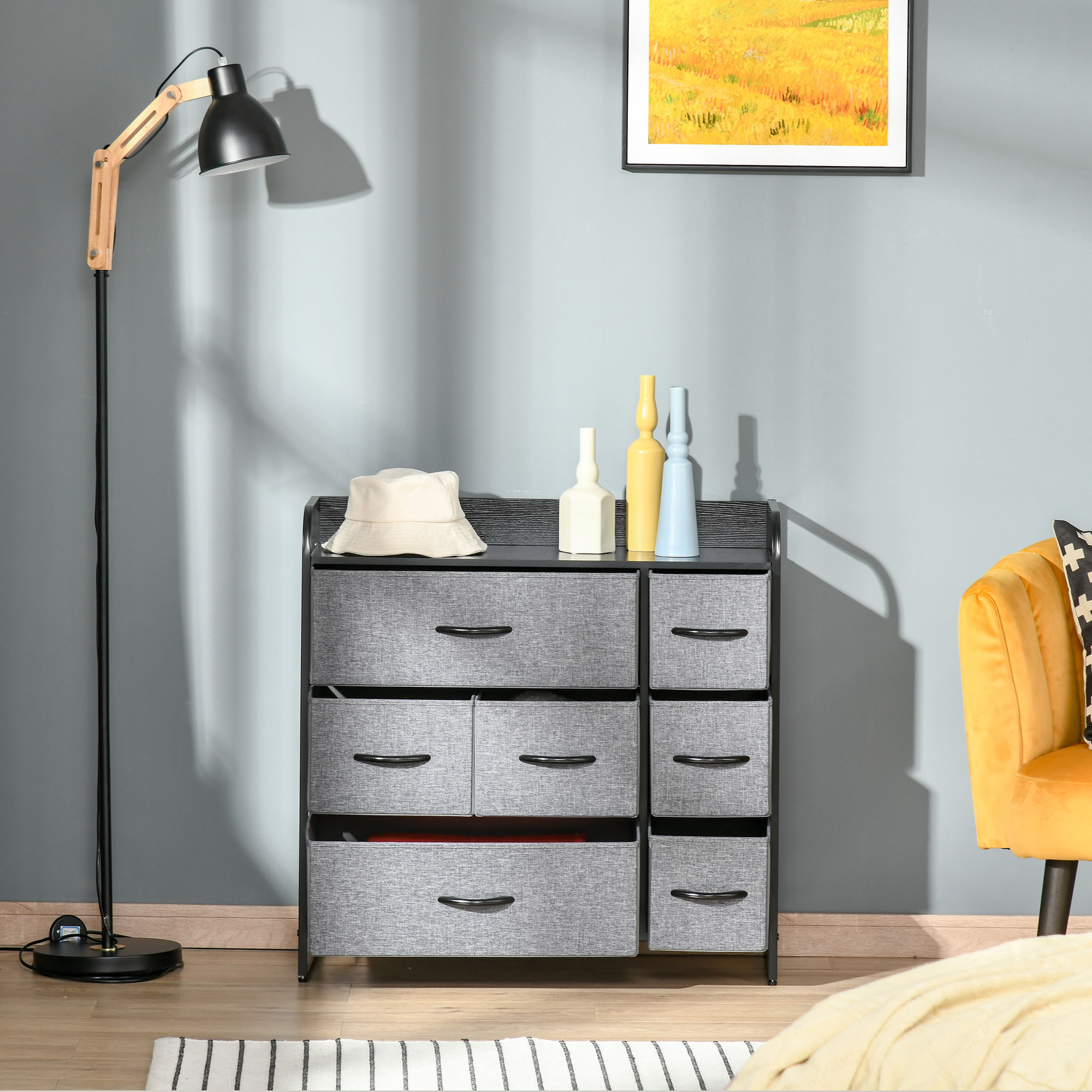 Meuble de rangement commode 7 tiroirs plateau acier MDF noir non tissé gris