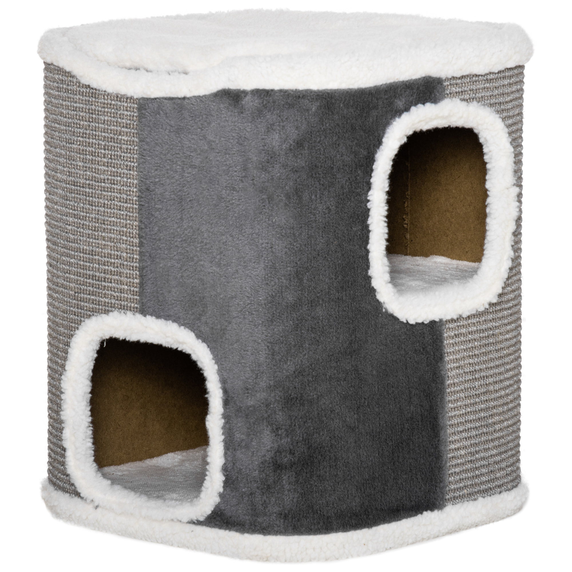 Barril Rascador para Gatos 2 Niveles con Cuevas de Sisal Felpa 40x40x49 cm Gris