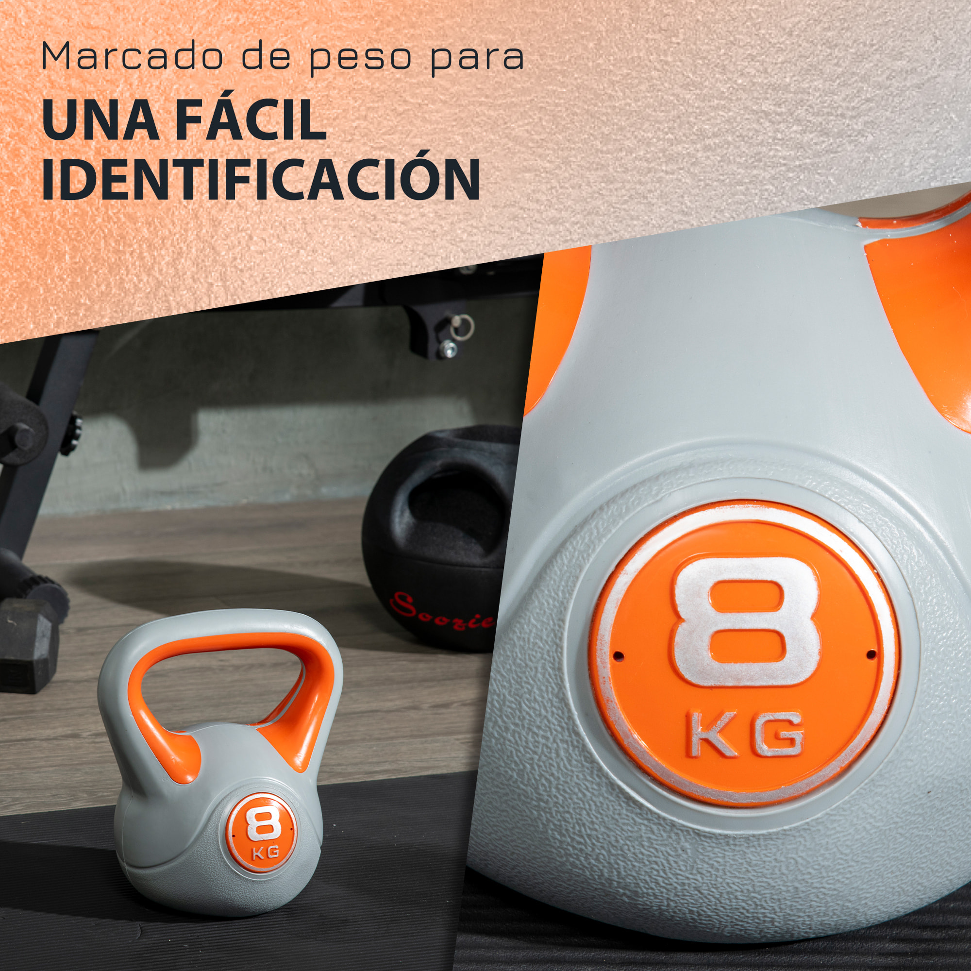 Pesa Rusa 8 kg Kettlebell Revestimiento de PU para Culturismo 20x14x24cm Naranja