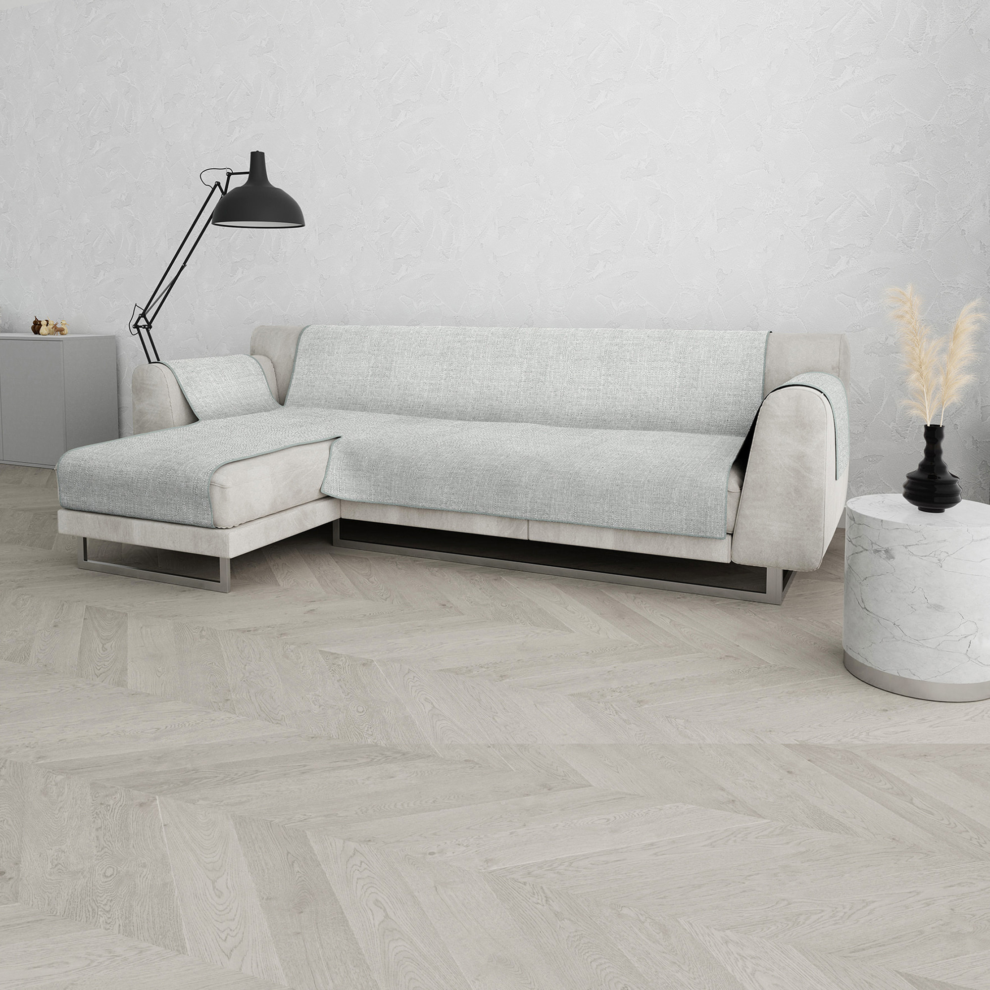 COPRIDIVANO PENISOLA SINISTRA COMFORT, Antiscivolo, Cotone+Microfibra+Fibre Varie, Made in Italy - GRIGIO CHIARO