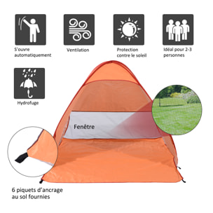 Abri de plage tente de plage pliable pop-up automatique instantané protection UV fenêtre arrière grand tapis de sol orange