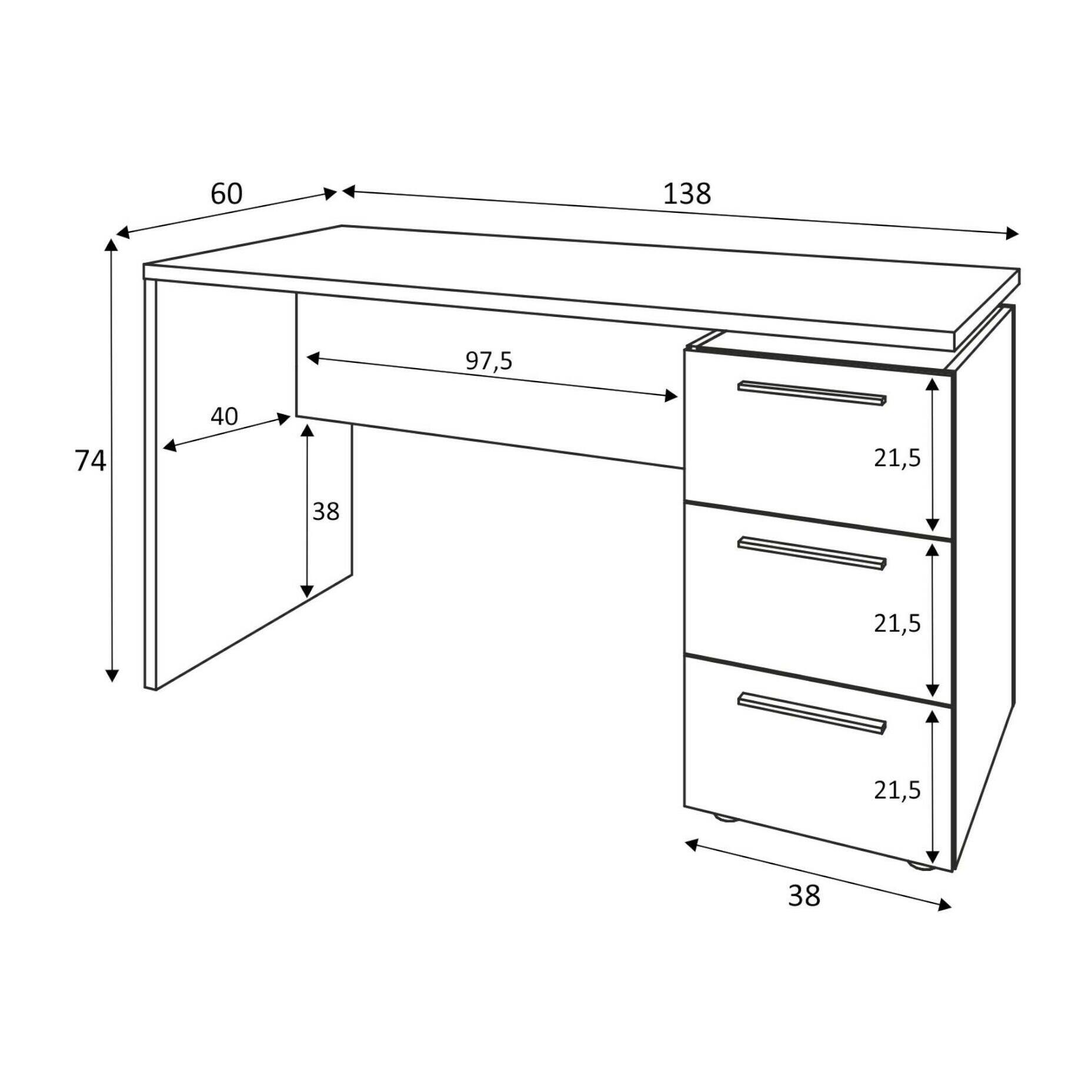 Scrivania Dallas, Scrittoio da ufficio moderno, Tavolo da studio con cassettiera a 2 cassetti e 1 anta, cm 138x60h74, Bianco