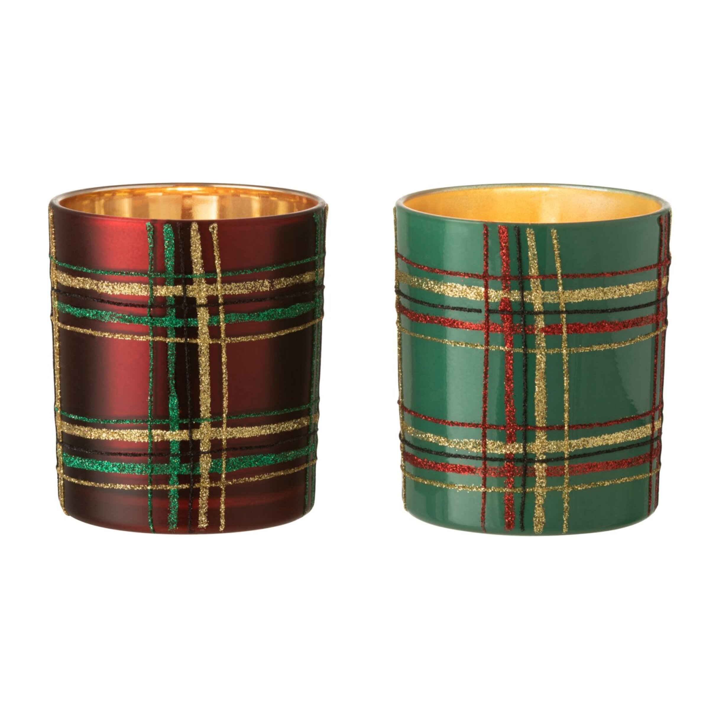 J-Line bougeoir Quadrillé - verre - rouge/vert - large - 2 pièces