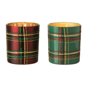 J-Line bougeoir Quadrillé - verre - rouge/vert - large - 2 pièces