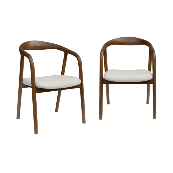 Lot de 2 fauteuils structure bois d'hévéa. assise bouclette teinte noyer vintage. L 55 x P 57 x H 79cm