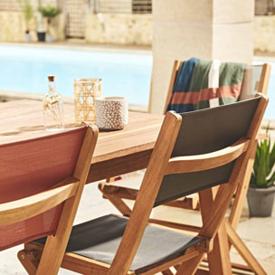 Salon de jardin en bois extensible - Almeria - Table 120/180cm avec rallonge. 2 fauteuils et 4 chaises. en bois d'Eucalyptus huilé et textilène gris taupe