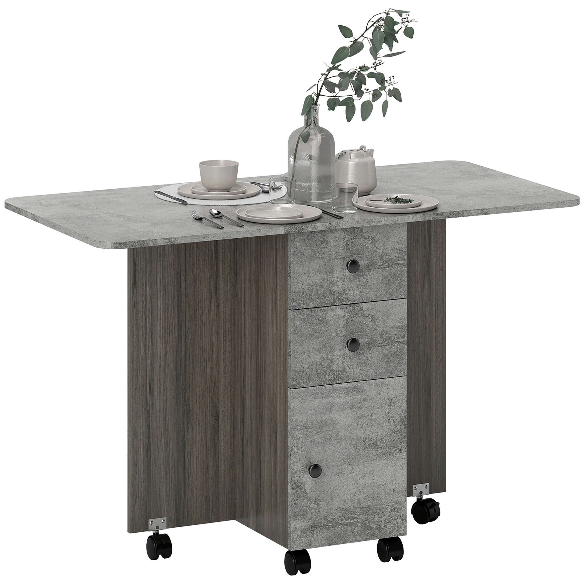 Mesa Plegable de Comedor, Mesa de Cocina Plegable, con Ruedas, Alas Abatibles, 2 Cajones, Estante y Armario, Hasta 6 Personas, para Salón, Espacio Pequeño, 120x60x76,5 cm, Gris