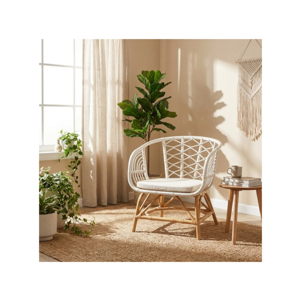 Fauteuil relax en rotin tressé bicolore blanc avec coussin – AURA