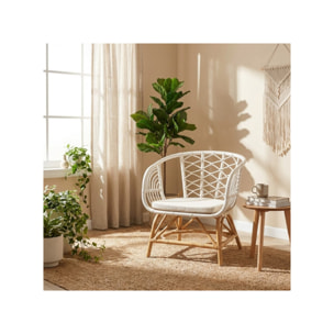 Fauteuil relax en rotin tressé bicolore blanc avec coussin – AURA