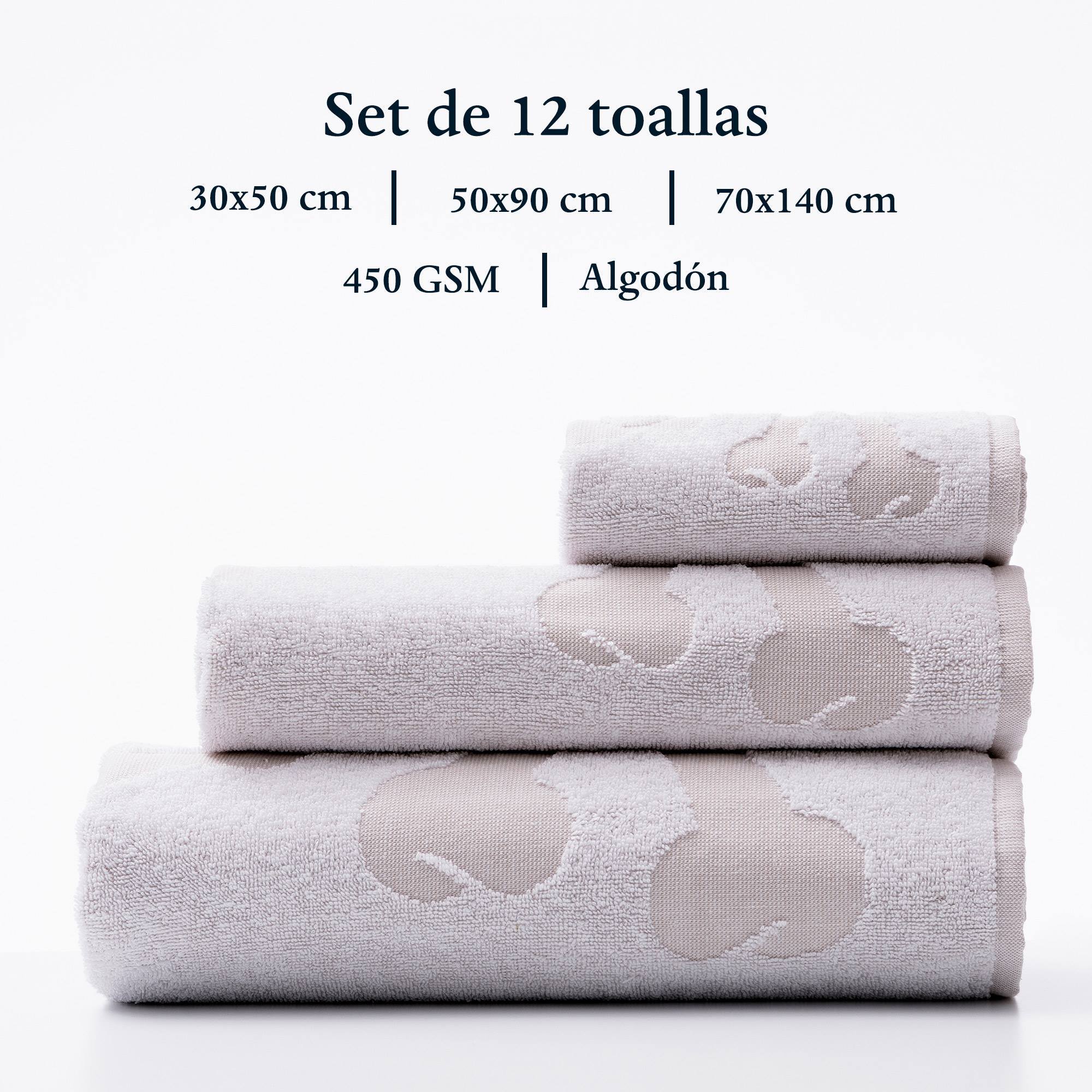 Juego de 4 sets de 3 toallas blancas (4x tocador 30x50cm + 4x manos 50x90cm + 4x baño 70x140cm) 450gsm en algodón scalpers home