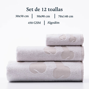 Juego de 4 sets de 3 toallas blancas (4x tocador 30x50cm + 4x manos 50x90cm + 4x baño 70x140cm) 450gsm en algodón scalpers home