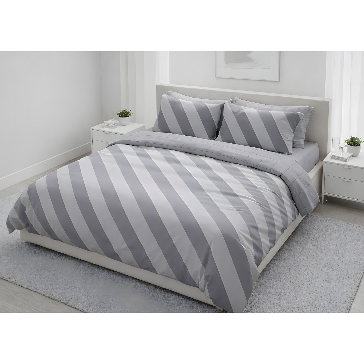 Parure Copripiumino 100% Cotone Made In Italy Fantasia Rigata Disegno Elite Grigio