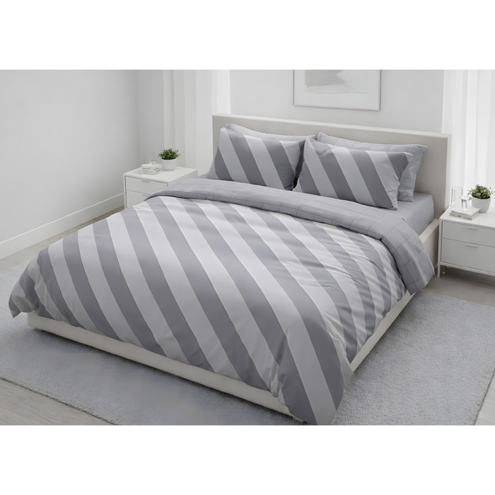 Parure Copripiumino 100% Cotone Made In Italy Fantasia Rigata Disegno Elite Grigio