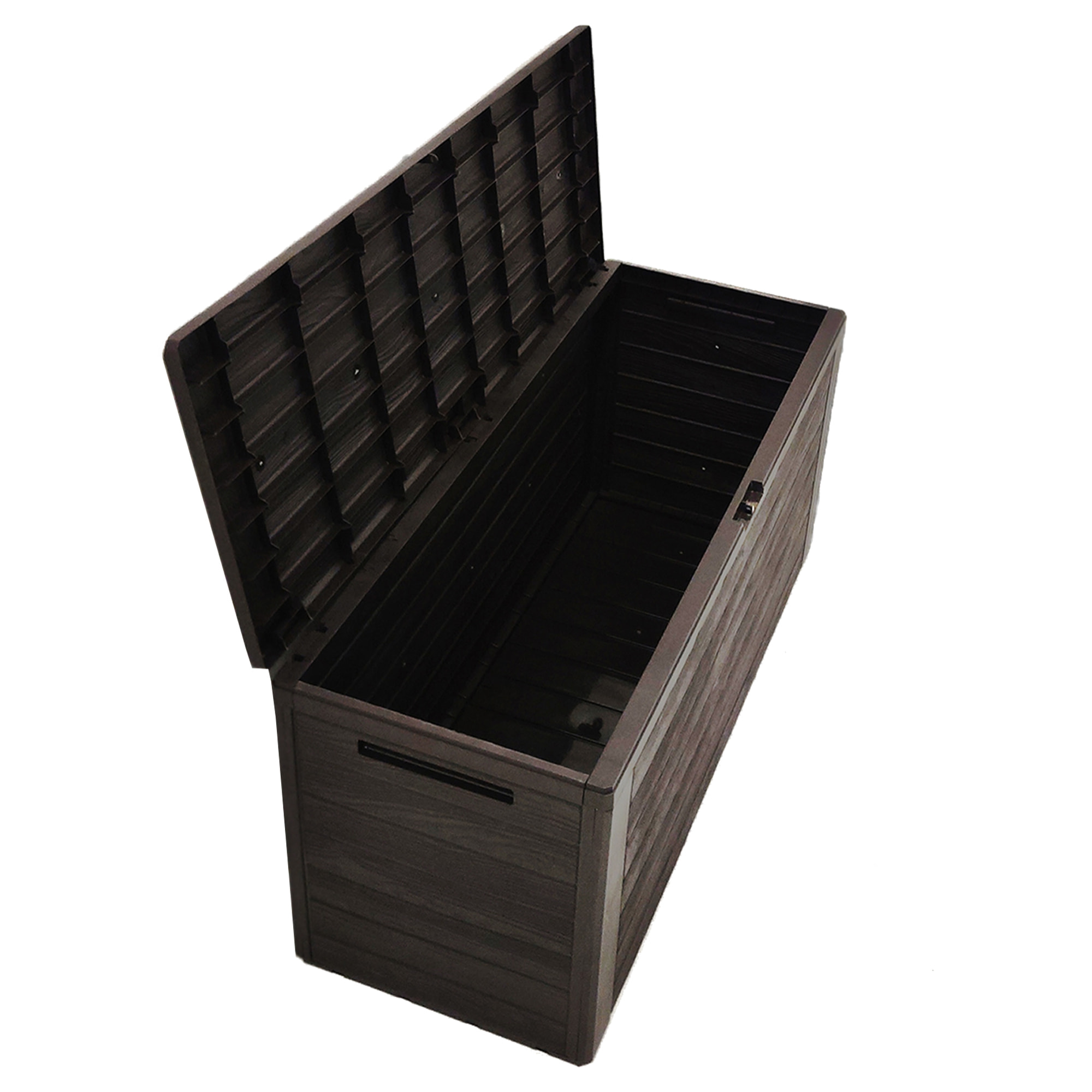 Baul de jardin 280 litros Prosperplast Woodebox de plastico en color ocre oscuro 116 x 43,8 x 55 cm