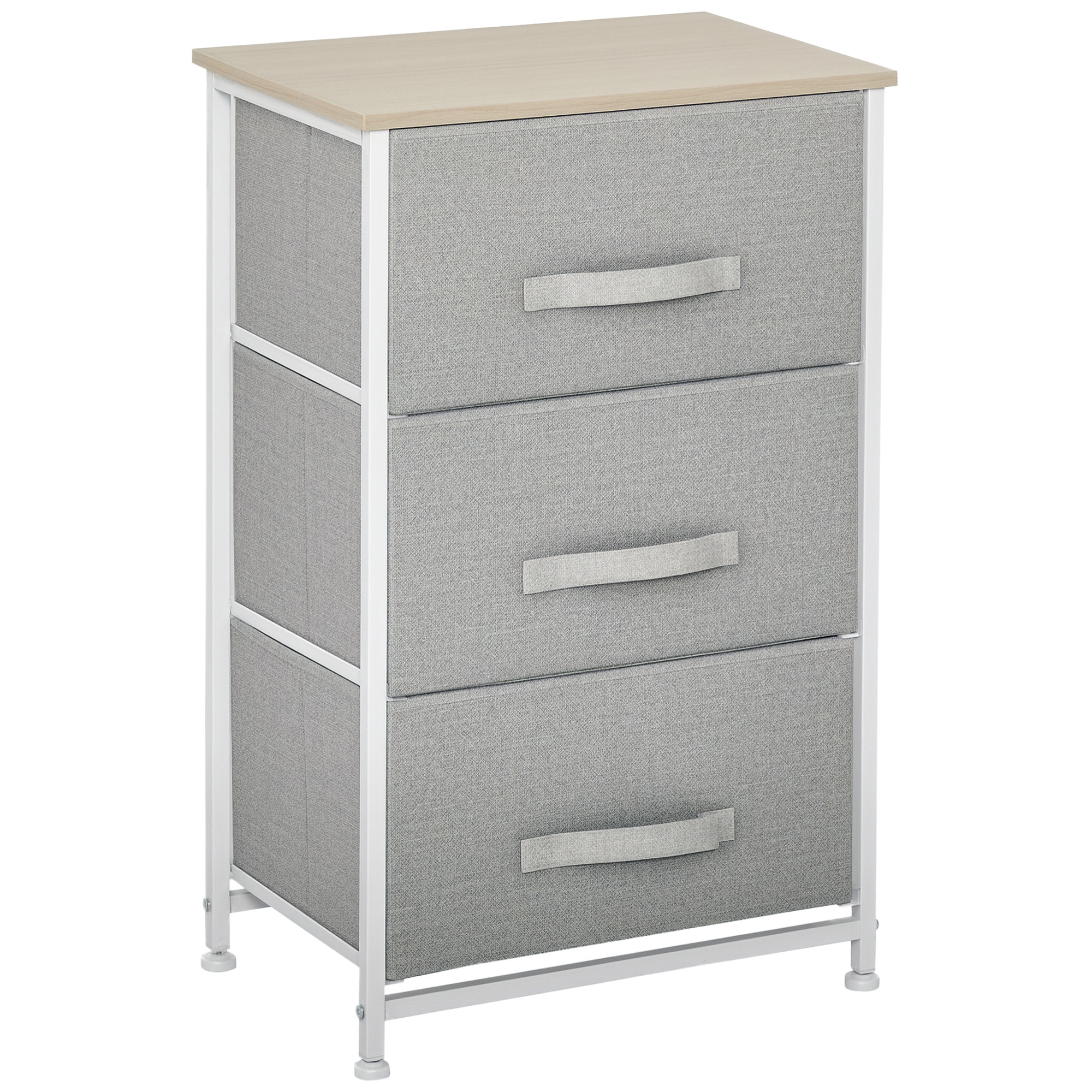Rangement 3 tiroirs chiffonnier métal blanc effet bois clair non tissé gris clair