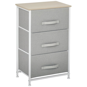 Rangement 3 tiroirs chiffonnier métal blanc effet bois clair non tissé gris clair