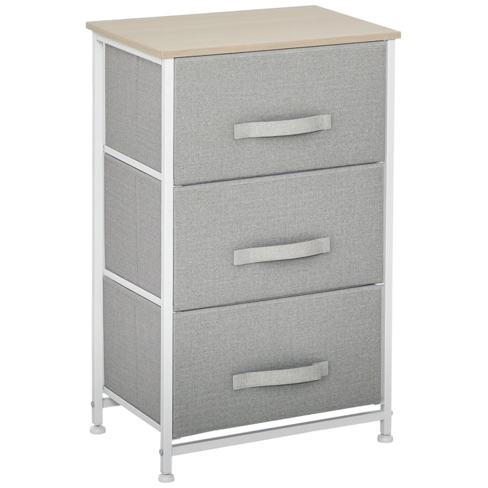 Rangement 3 tiroirs chiffonnier métal blanc effet bois clair non tissé gris clair