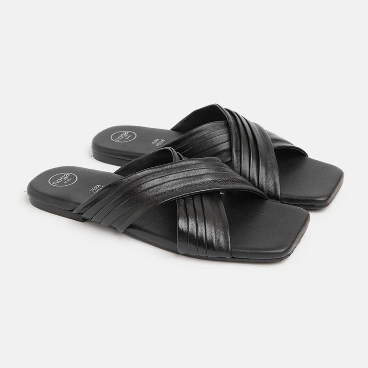 Ciabattina in vera pelle con fasce incrocio - NERO