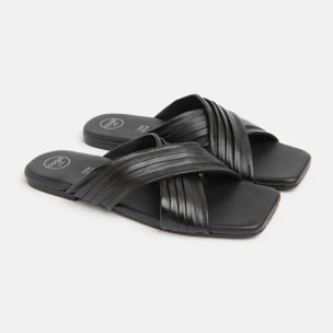 Ciabattina in vera pelle con fasce incrocio - NERO